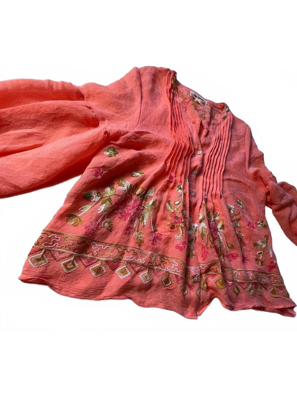 Hope Springs Embroidered Coral Button-Up Blouse Large